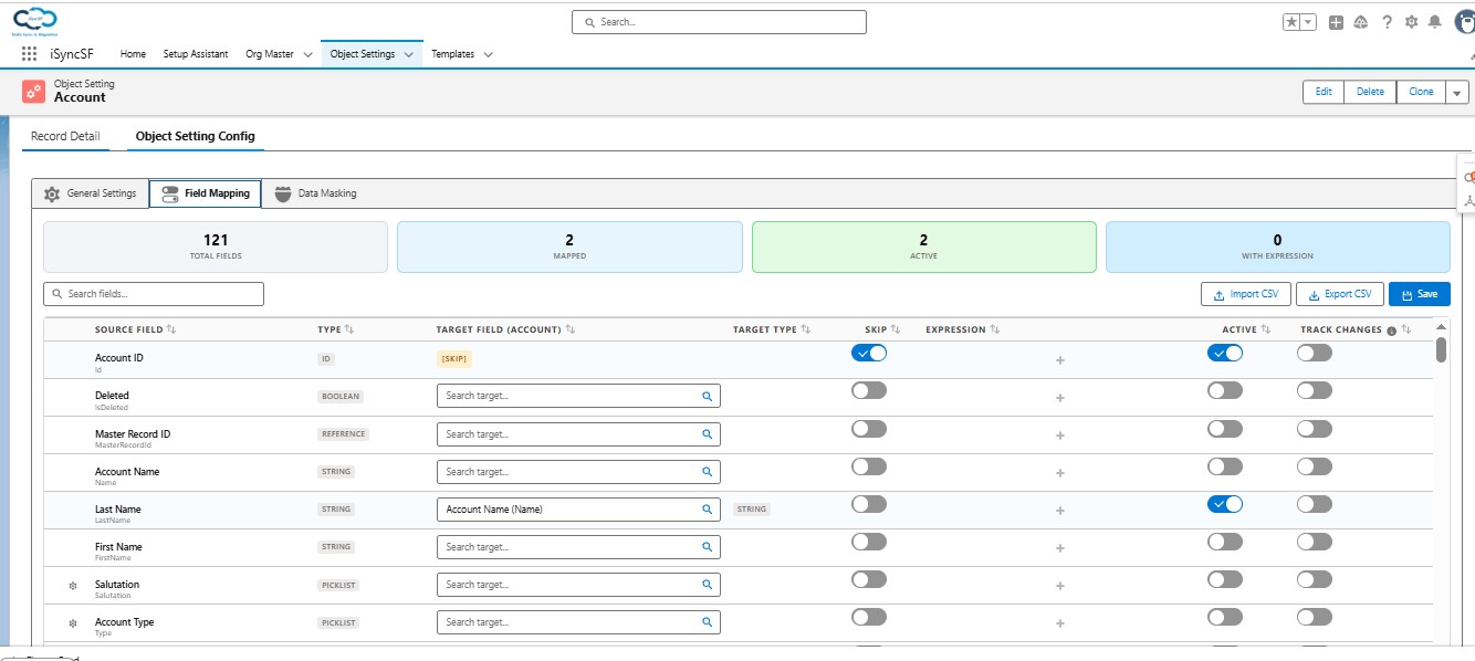 iSyncSF field mapping interface showing source-to-target Salesforce field mappings with expression formulas